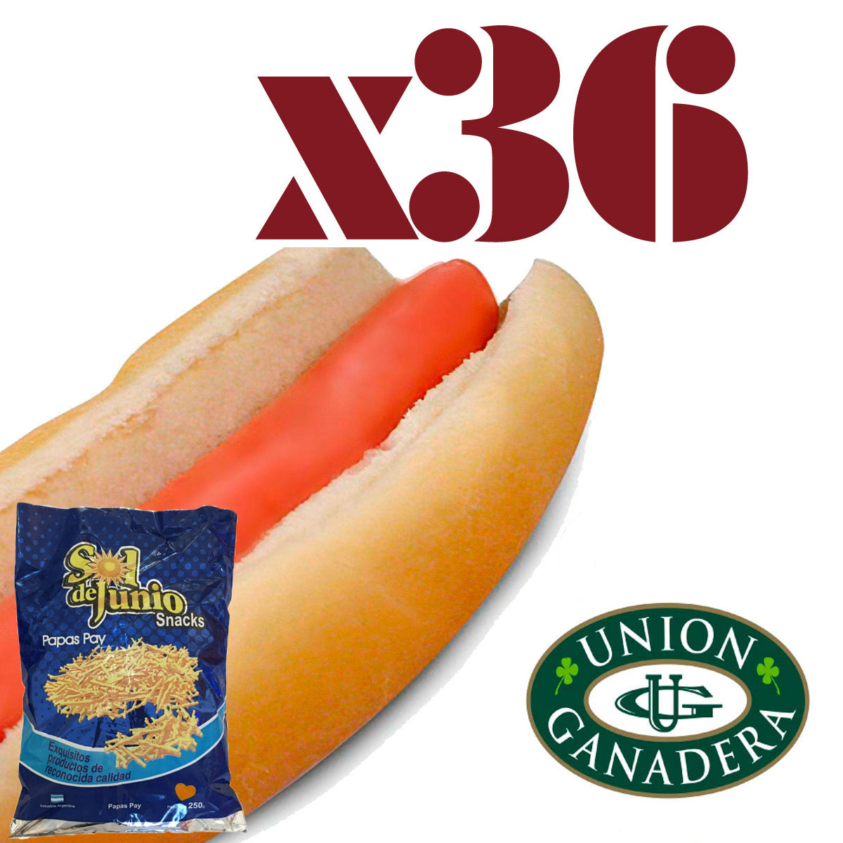 36 Superpanchos Union Ganadera + Papas Pay + Aderezo + Pan