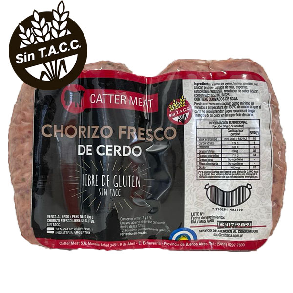 4 Chorizos Parrilleros Puro Cerdo CATTER MEAT  sin TACC de 400g